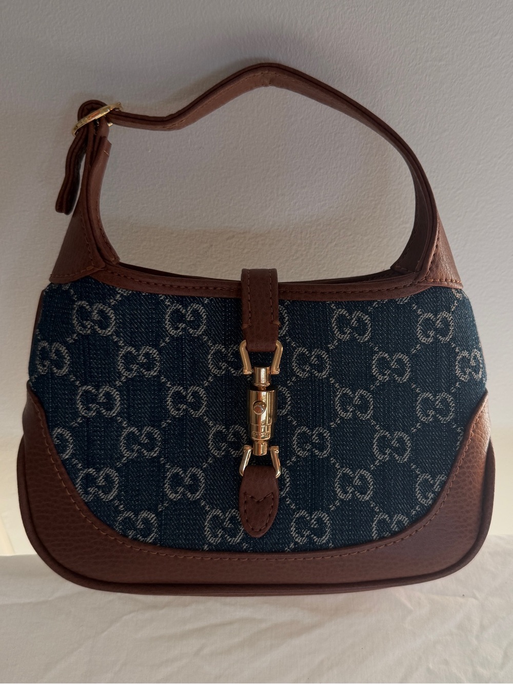 Gucci Jackie Mini Denim Monogram Shoulder Bag with Brown Leather Trim